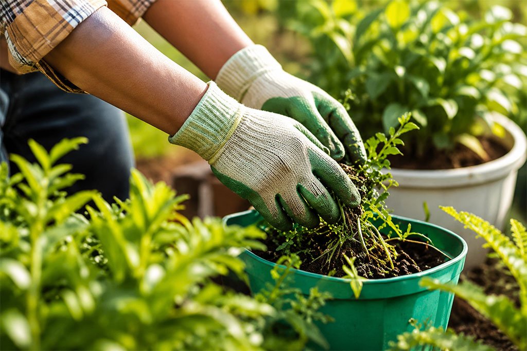 LeafyLoom gardener potting a plant
